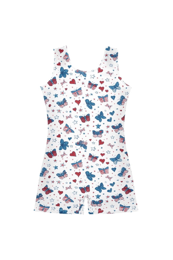 America Butterfly Hearts Stars Pattern Girls Leotards Gymnastics Tumbling Outfit Biketard Unitard 7-8Years