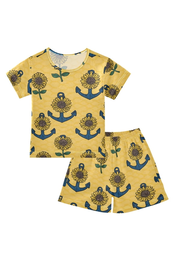 Anchor with Sunflower Pajama Sets Short Sleeve Cotton 2-Piece Sleepwear 10Y
