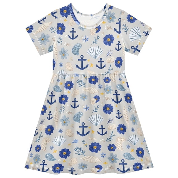 joogoo Anchors Seashells Girls' Short Sleeve Dress Kids Dresses 5-6T