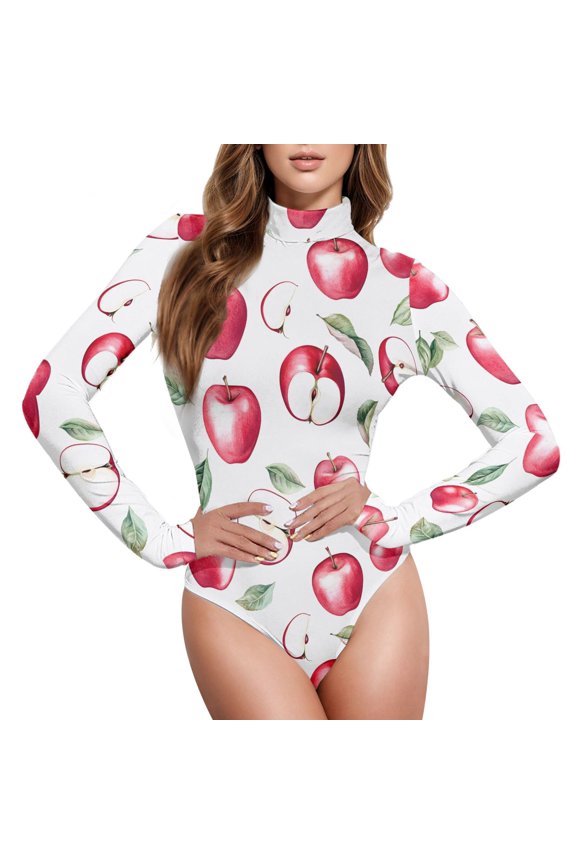Apples Pattern Women's Mock Turtle Neck Long Sleeve Bodysuit M
