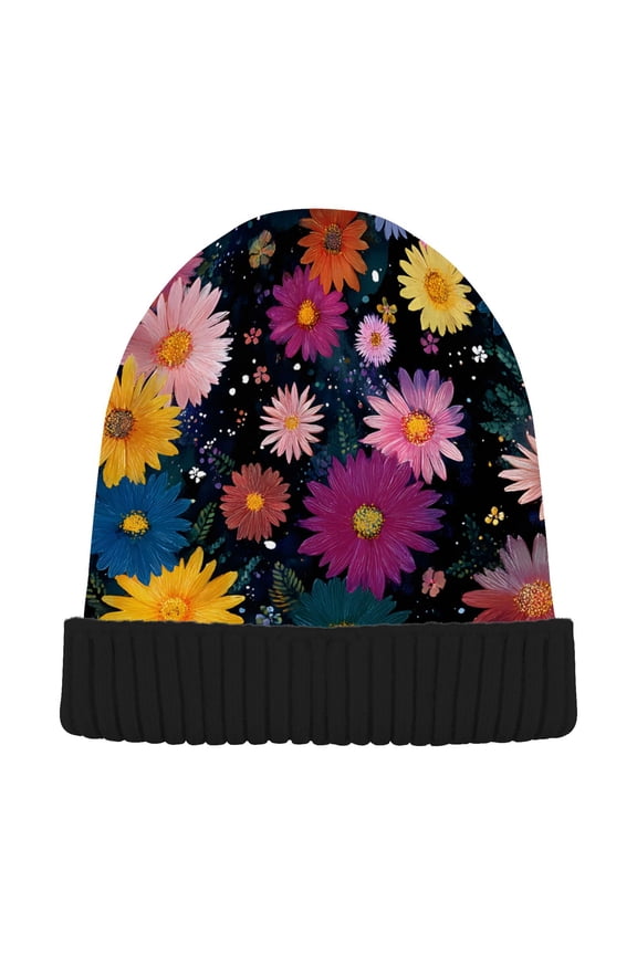 Art Daisy Floral Beanie Hats Cuffed Winter Warm Knit Thick Beanies