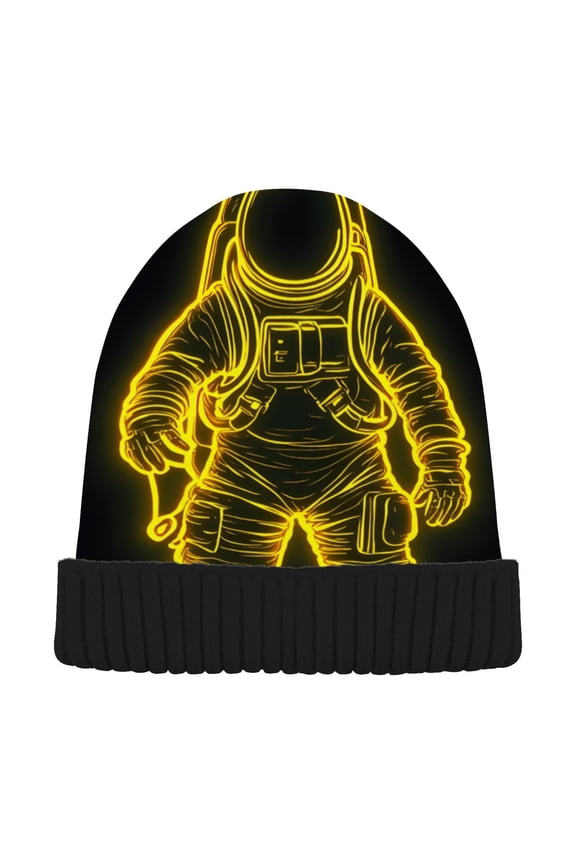 Astronaut Neon Print Beanie Hats Cuffed Winter Warm Knit Thick Beanies
