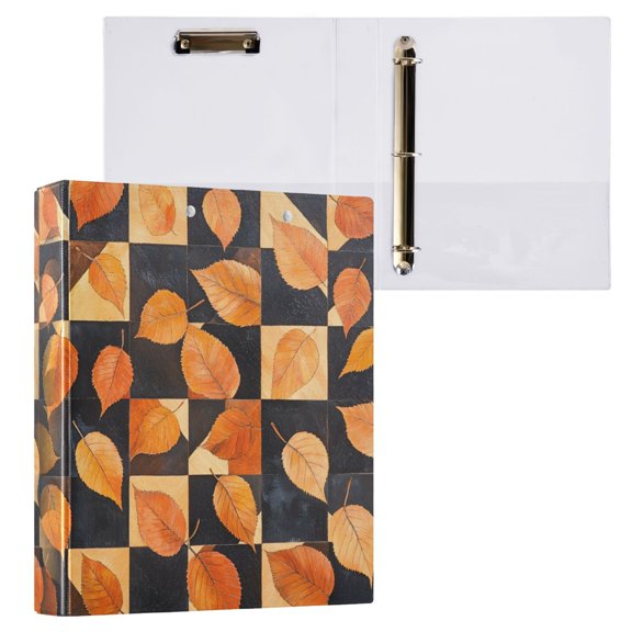joogoo Autumn Leaves on Checkered Grid Hardcover 3 Ring Binder 1.5" Round Rings Interior Pockets Binders Organizer 1 Pack