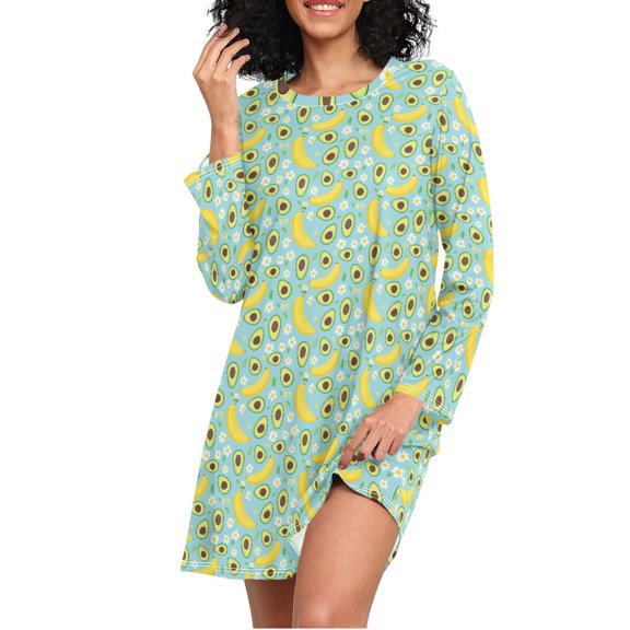 joogoo Avocado Banana Floral Women's Long Sleeve Nightgown Sleepwear M