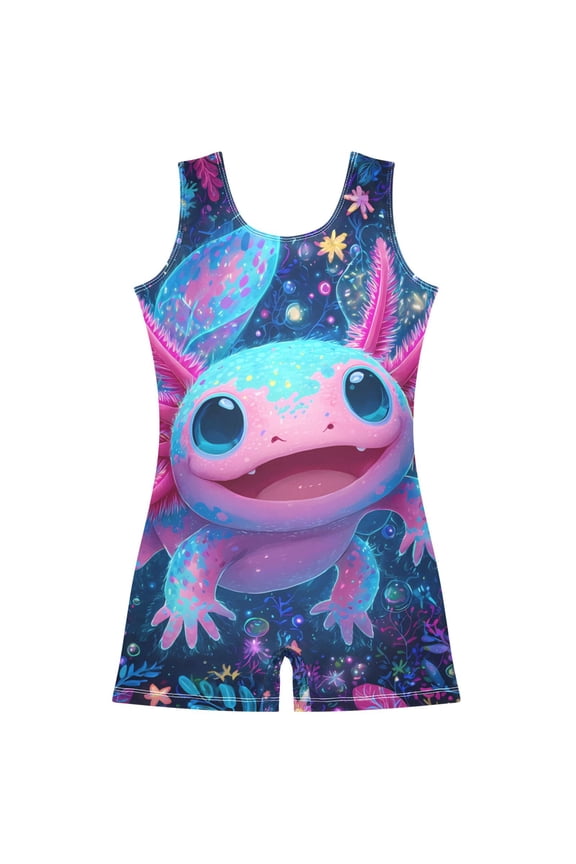 Axolotl in Magic Flowers Pattern Girls Leotards Gymnastics Tumbling Outfit Biketard Unitard 5-6Years