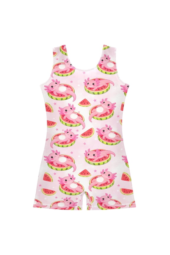 Axolotl on Watermelon Pattern Girls Leotards Gymnastics Tumbling Outfit Biketard Unitard 3-4Years