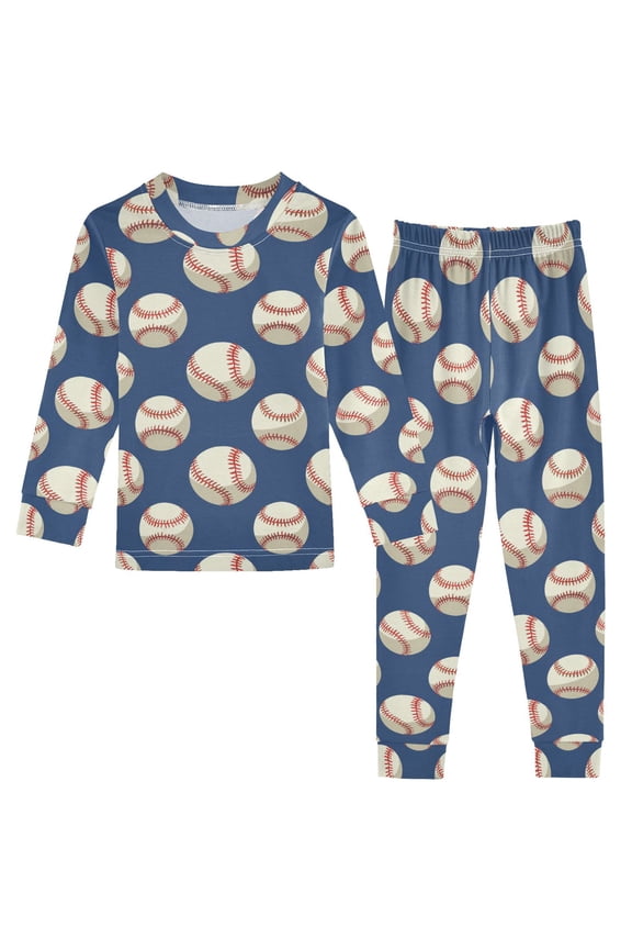 Baseball Blue 2 Piece Long Sleeve Tee and Pants Cotton Pajama Set 8Y