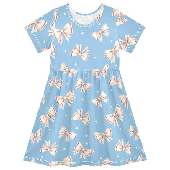 joogoo Baseball Coquette Bows Girls' Short Sleeve Dress Kids Dresses 5-6T
