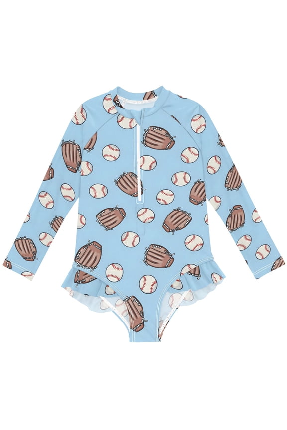 Baseball Gloves Pattern Girls One-Piece Swimsuits UPF 50+ Long Sleeve Rash Guard Bathing Suit 4 Years