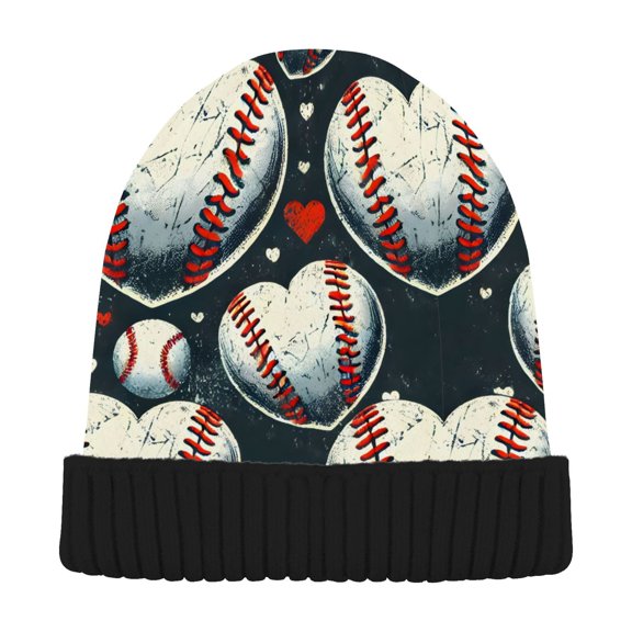 joogoo Baseball Heart Shape Beanie Hats Cuffed Winter Warm Knit Thick Beanies