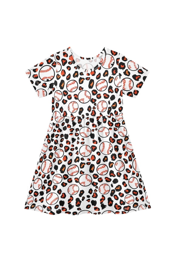 Baseball Leopards Girls' Short Sleeve Dress Kids Dresses 5-6T