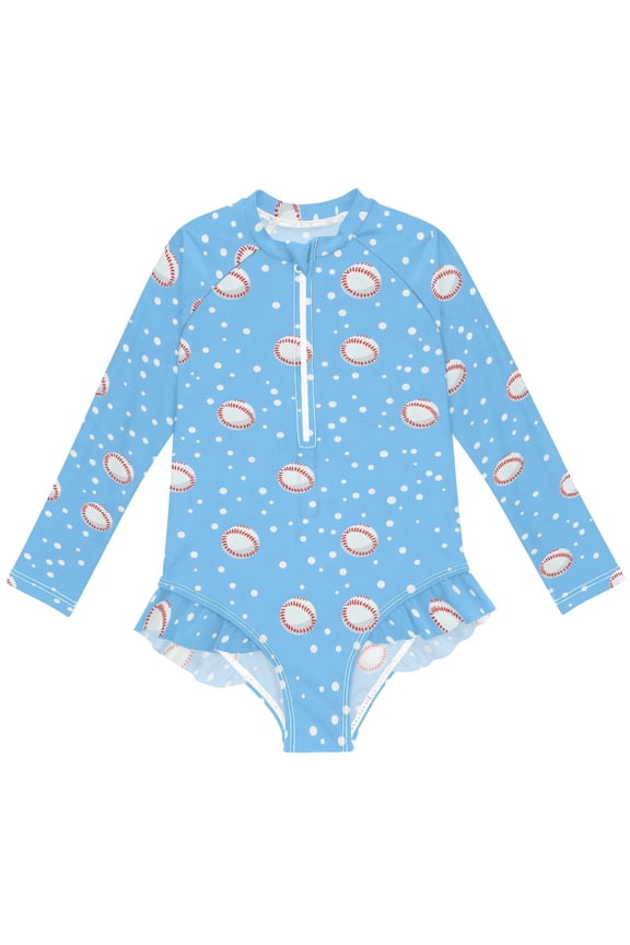 Baseball Polka Dot Pattern Girls One-Piece Swimsuits UPF 50+ Long Sleeve Rash Guard Bathing Suit 9-10 Years