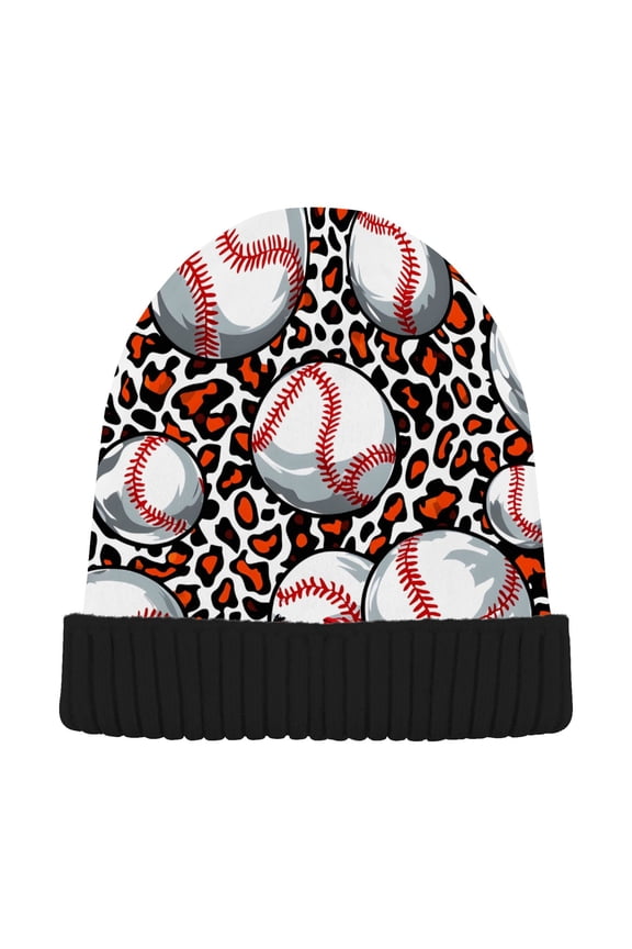 Baseball on Leopard Beanie Hats Cuffed Winter Warm Knit Thick Beanies