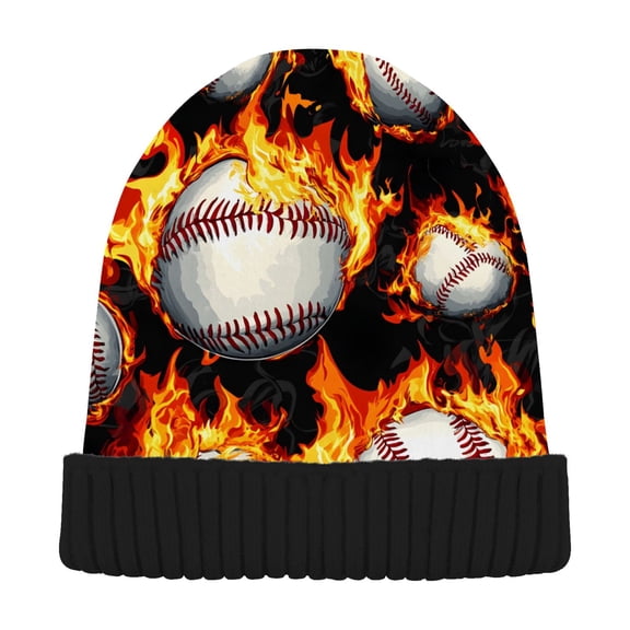joogoo Baseball with Fire Beanie Hats Cuffed Winter Warm Knit Thick Beanies