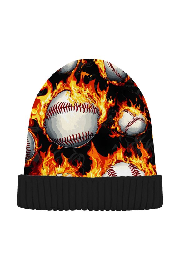 Baseball with Fire Beanie Hats Cuffed Winter Warm Knit Thick Beanies