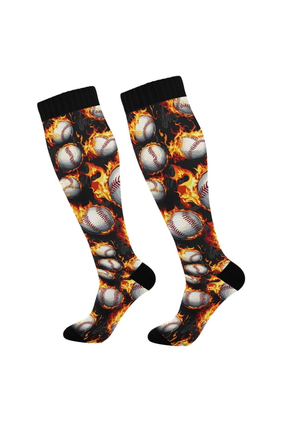 Baseball with Fire Socks Women Men Knee High Sock