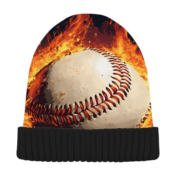 joogoo Baseball with Flame Beanie Hats Cuffed Winter Warm Knit Thick Beanies