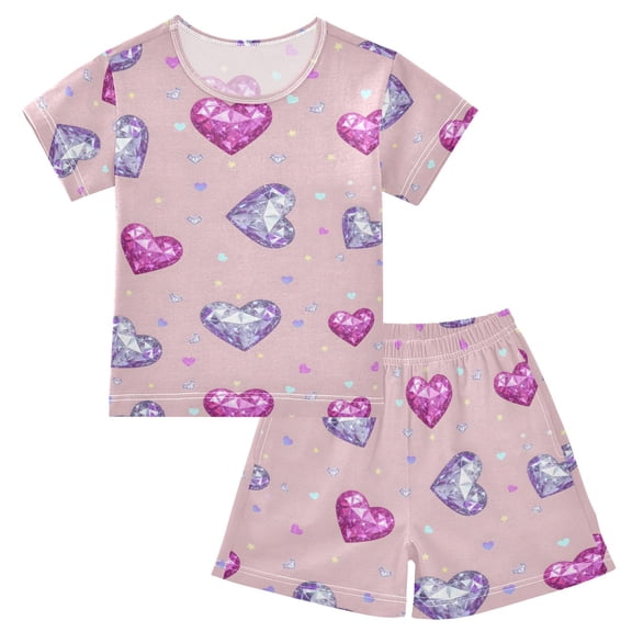 joogoo Beautiful Glitter Hearts Pattern Pajama Sets Short Sleeve Cotton 2-Piece Sleepwear 10Y