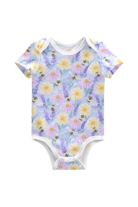 Bee Lavender Wildflowers Pattern Baby Bodysuits Short Sleeve Cotton Onesies Clothes 24Months