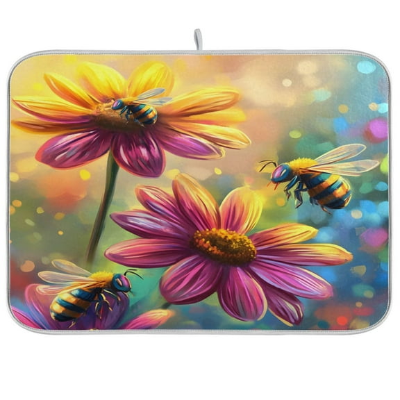joogoo Bee on Flowers Dish Drying Mat Kitchen Counter Absorbent Drying Pad 18x24 in Drainer Rack