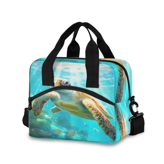 joogoo Big Sea Turtle in Sea Blue Insulated Lunch Bags Reusable Cooler Box with Shoulder Strap