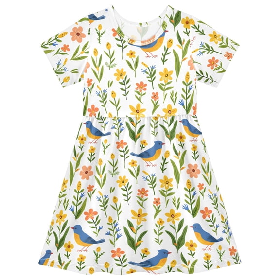 joogoo Birds Green Leaves Flowers Girls' Short Sleeve Dress Kids Dresses 5-6T
