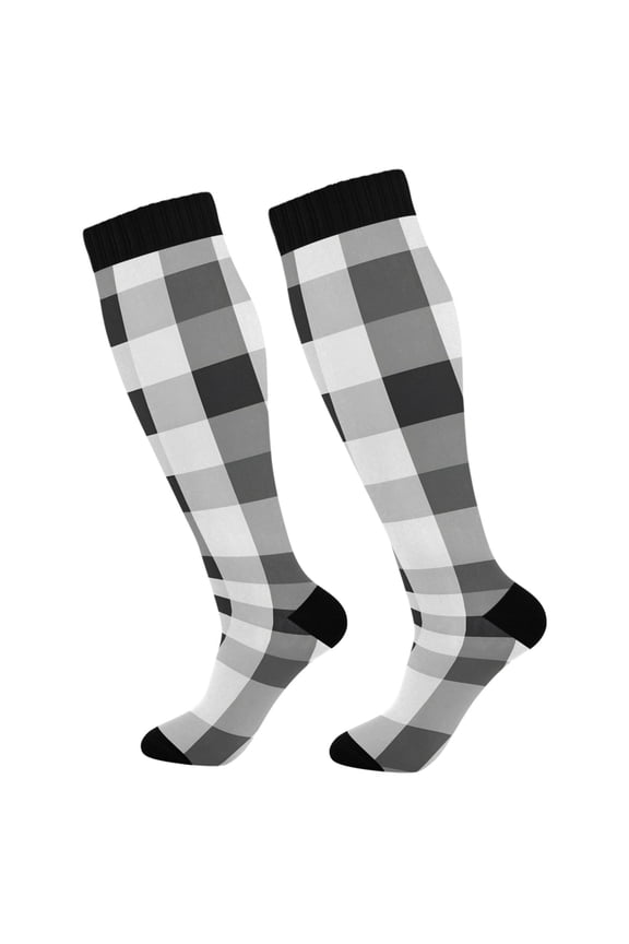 Black Grey White Checkered Pattern Socks Women Men Knee High Sock