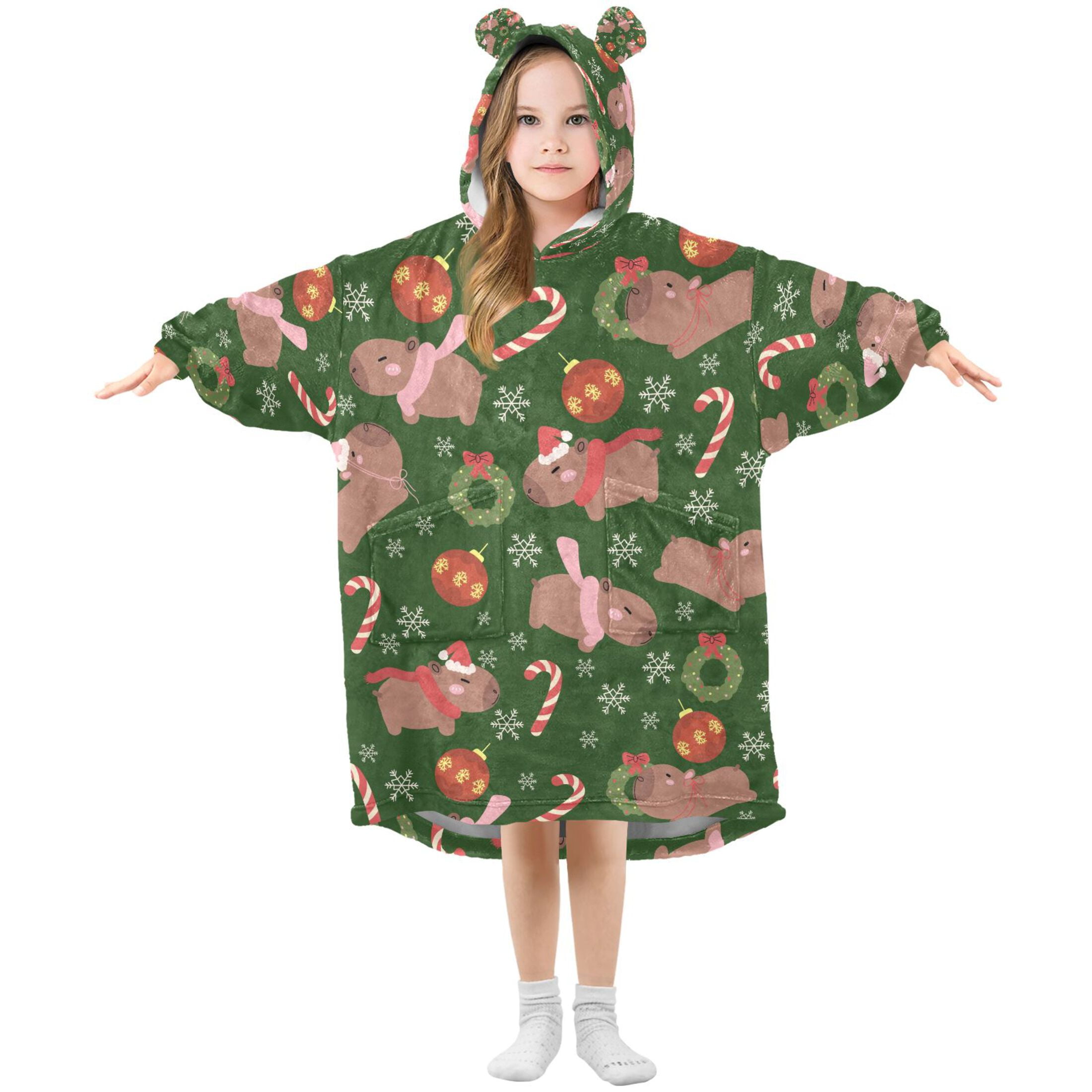 joogoo Blanket Hoodie Capybara Wreath Snowflake Pattern for Oversize Sweatshirt Boys Girls 3-14 YR L