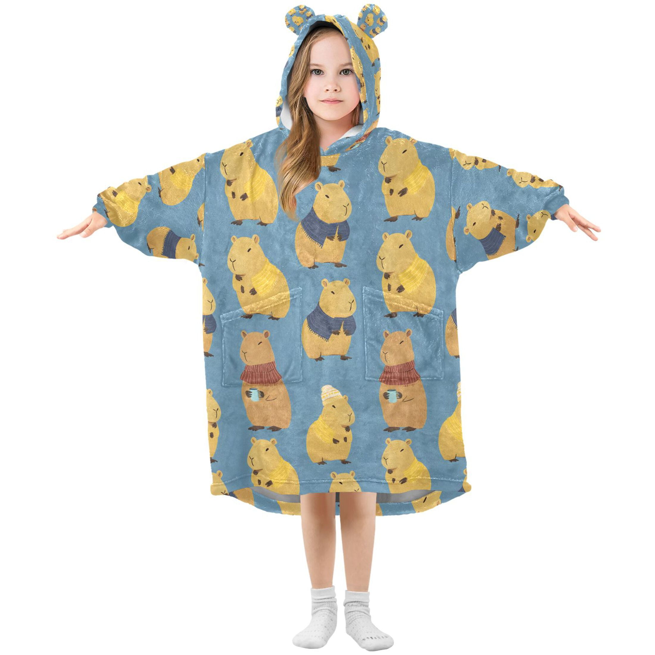 joogoo Blanket Hoodie for Capybara Blue Oversize Sweatshirt 3-14 YR L