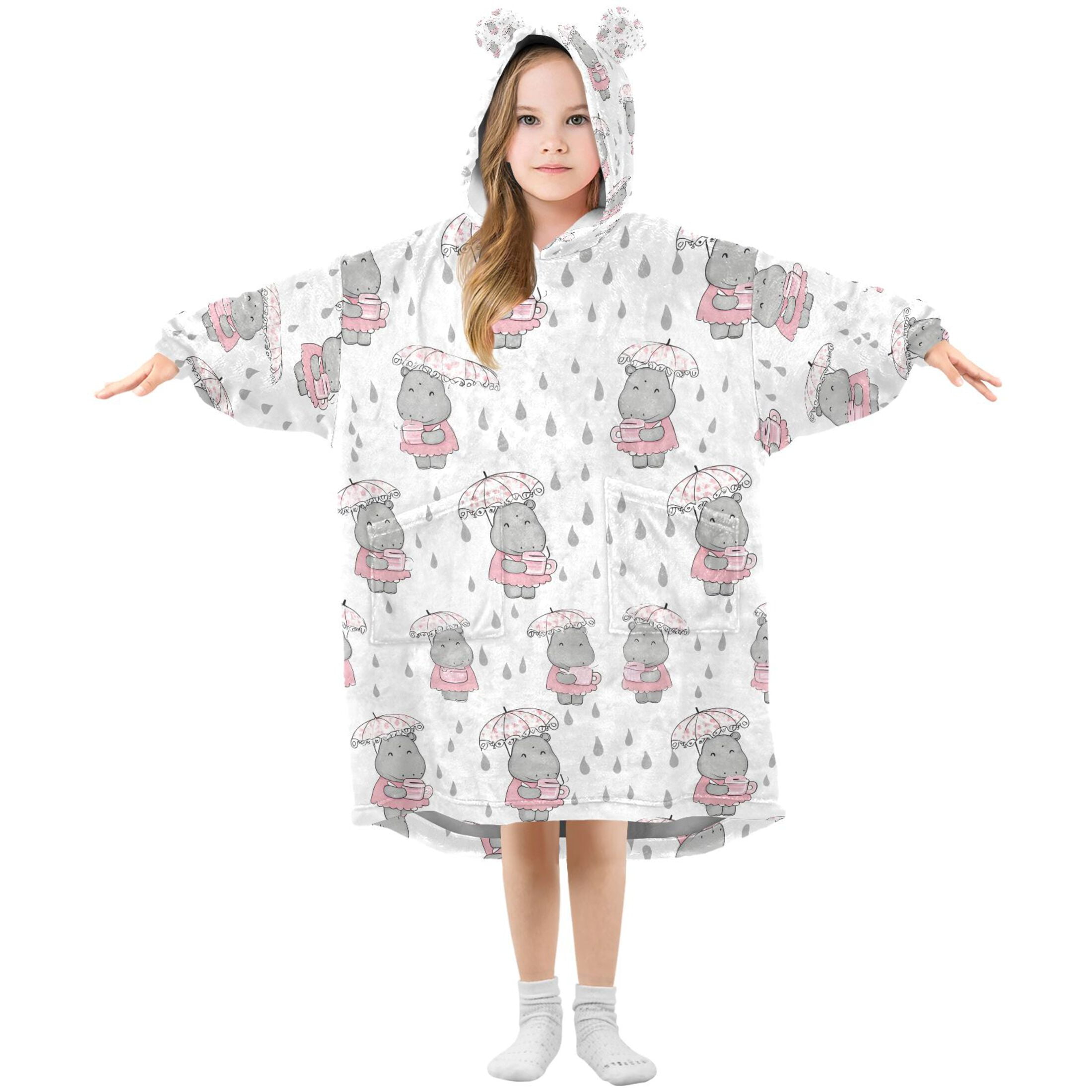 joogoo Blanket Hoodie for Cartoon Hippo in Rain Oversize Sweatshirt 3-14 YR L