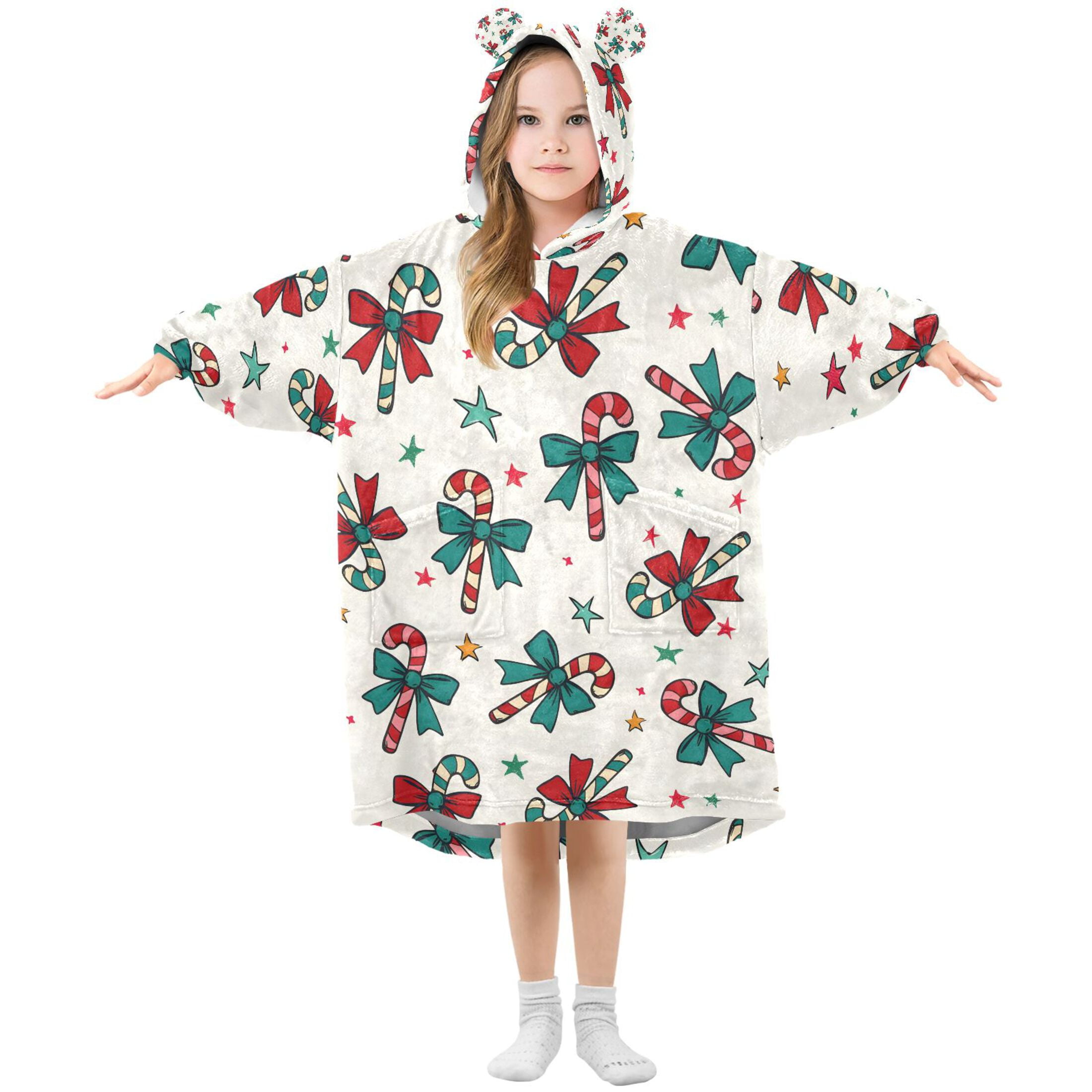 joogoo Blanket Hoodie for Christmas Candy Cane Bows Oversize Sweatshirt 3-14 YR L