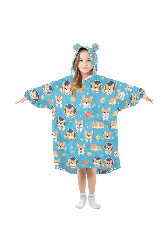 Blanket Hoodie for Cute Corgi Dog Space Oversize Sweatshirt 3-14 YR L