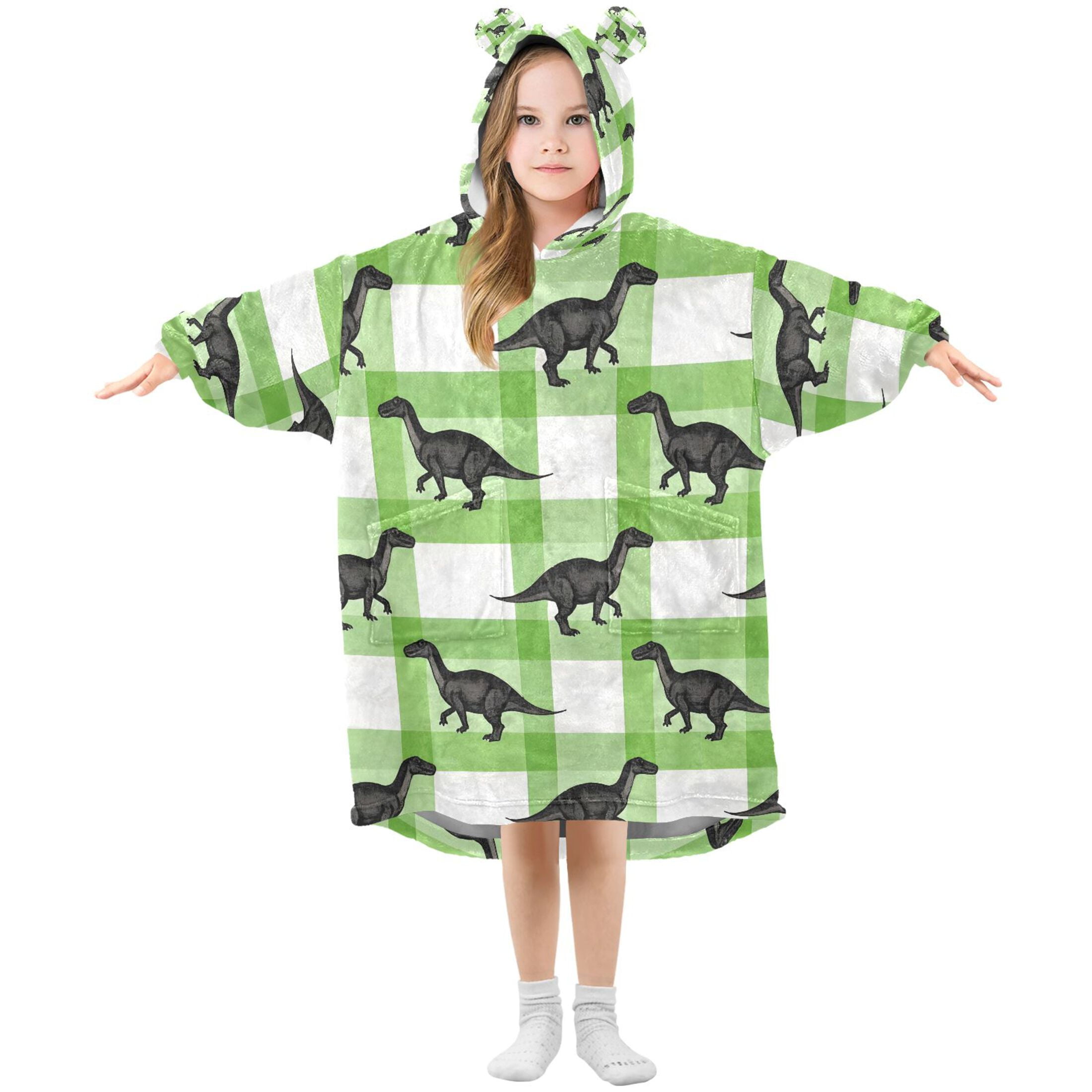 joogoo Blanket Hoodie for Dinosaur on Checkered Oversize Sweatshirt 3-14 YR L