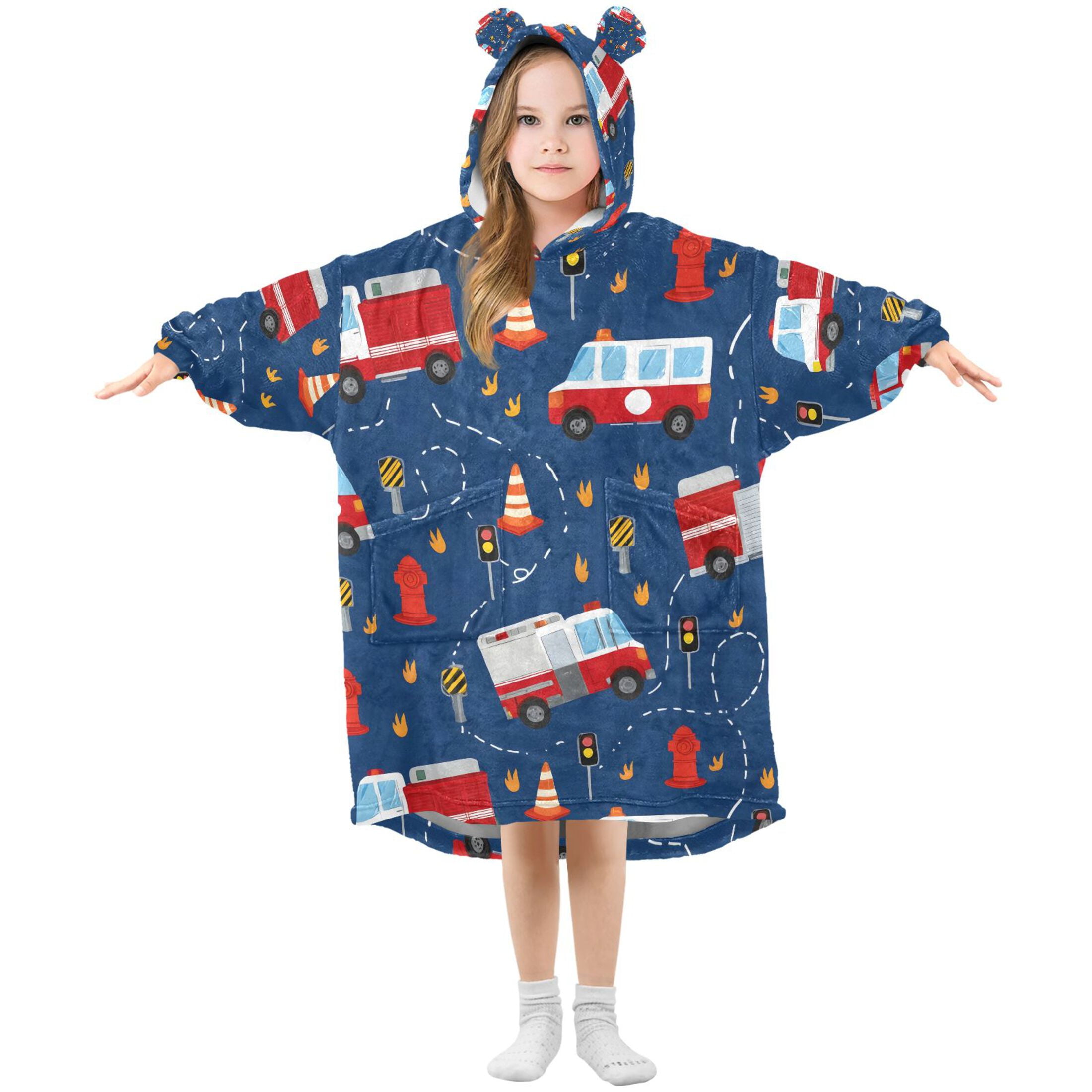 joogoo Blanket Hoodie for Fire Trucks Cartoon Oversize Sweatshirt 3-14 YR L