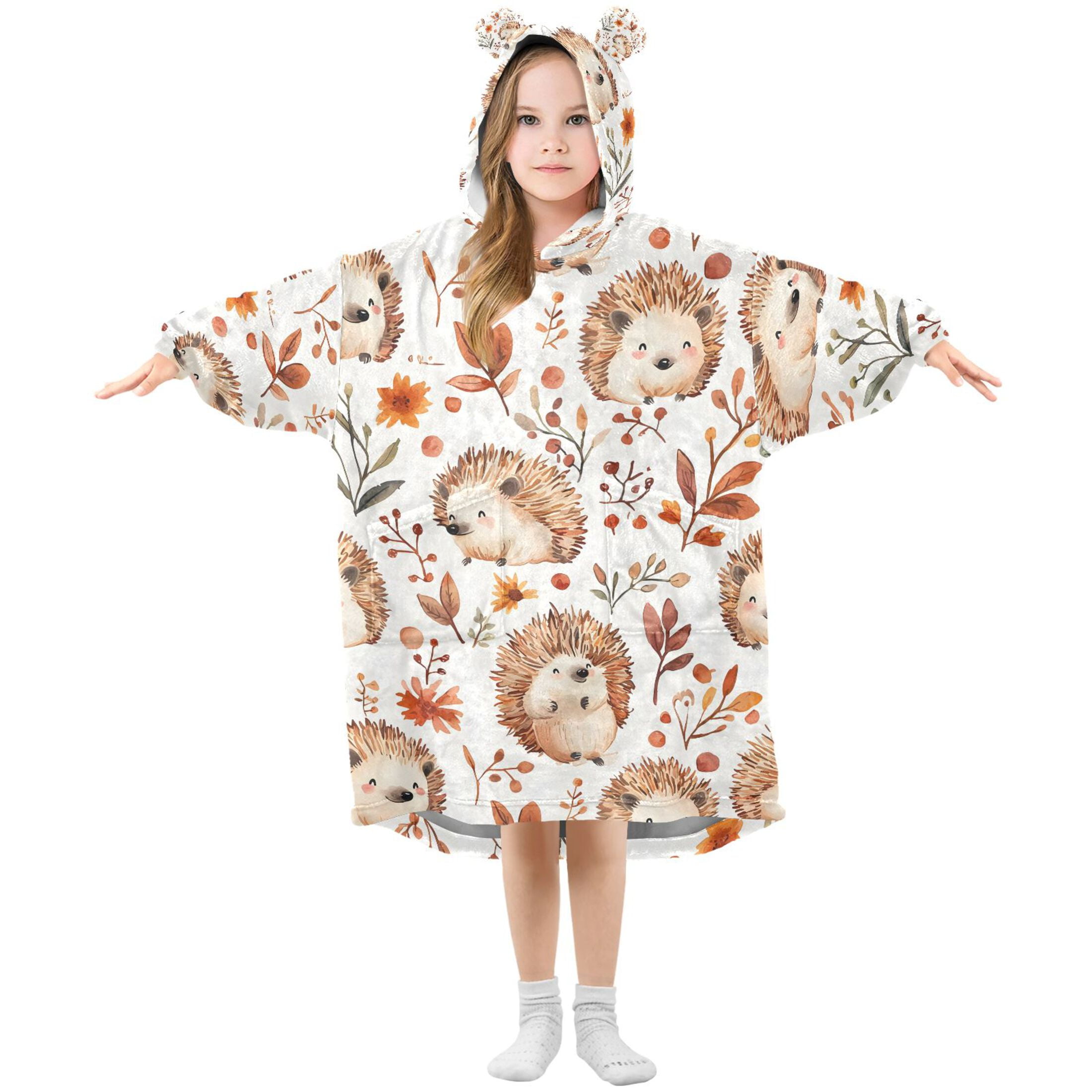 joogoo Blanket Hoodie for Hedgehog Leaves Flower Oversize Sweatshirt 3-14 YR L