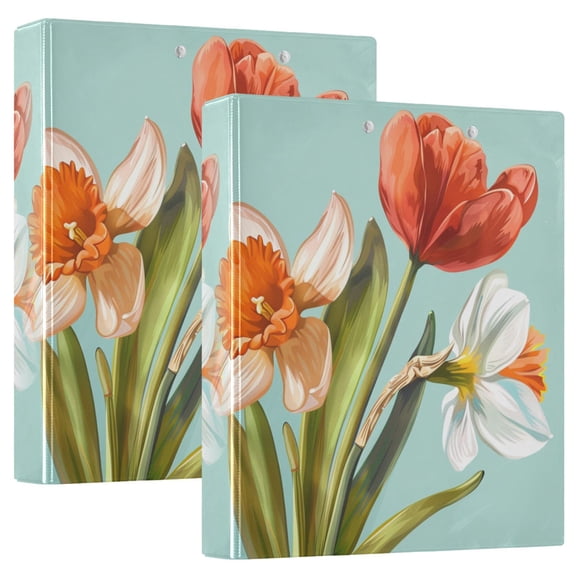 joogoo Blooming Daffodils Tulips Flowers Hardcover 3 Ring Binder 1.5" Round Rings Interior Pockets Binders Organizer 2 Pack
