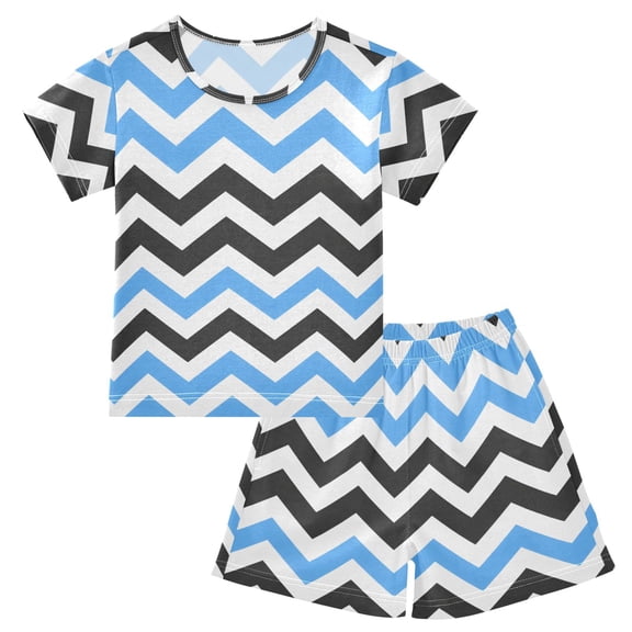 joogoo Blue Black Lines Pattern Pajama Sets Short Sleeve Cotton 2-Piece Sleepwear 10Y