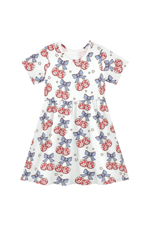 Blue Bows Disco Balls Girls' Short Sleeve Dress Kids Dresses 5-6T