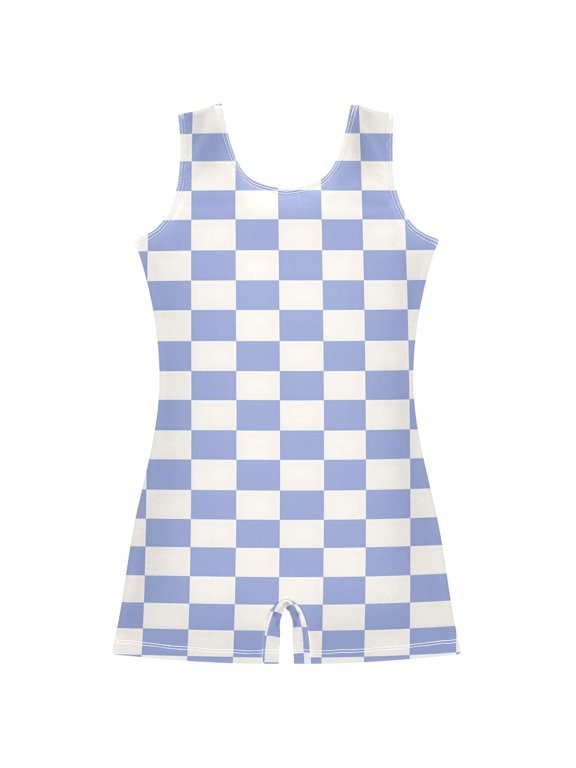 Blue Checkered Grid Pattern Girls Leotards Gymnastics Tumbling Outfit Biketard Unitard 7-8Years