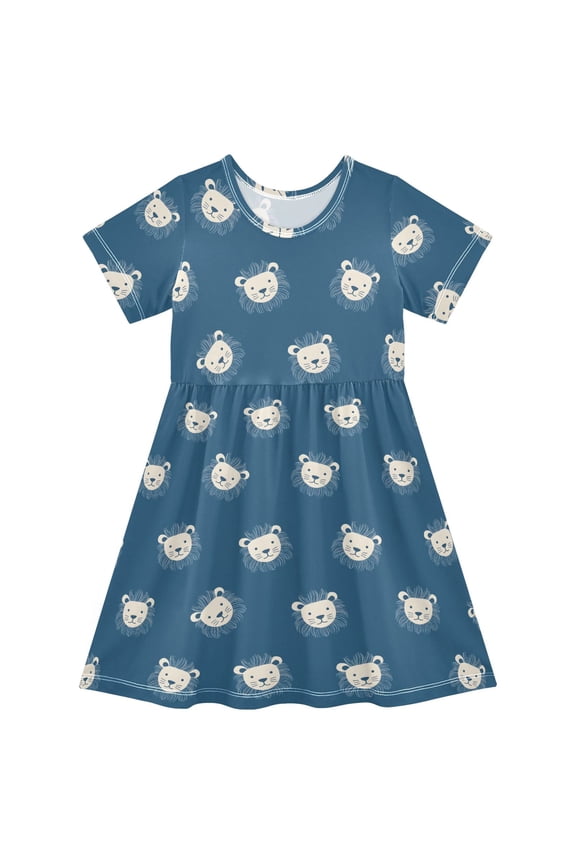 Blue Cute Lion Girls' Short Sleeve Dress Kids Dresses 5-6T