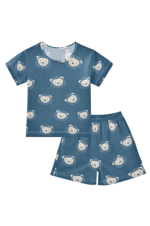 Blue Cute Lion Pajama Sets Short Sleeve Cotton 2-Piece Sleepwear 14Y