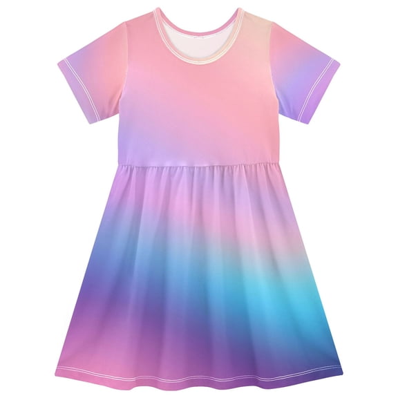 joogoo Blue Gradient Pink Girls' Short Sleeve Dress Kids Dresses 5-6T