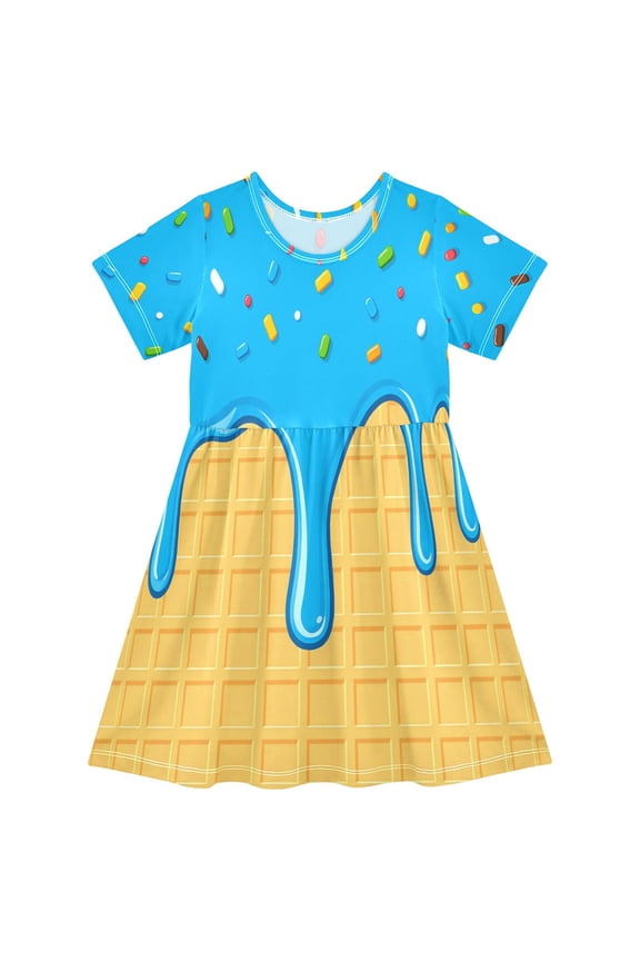 Blue Ice Cream Waffle Girls' Short Sleeve Dress Kids Dresses 5-6T