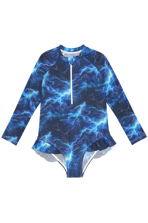 Blue Lightning Pattern Girls One-Piece Swimsuits UPF 50+ Long Sleeve Rash Guard Bathing Suit 3 Years