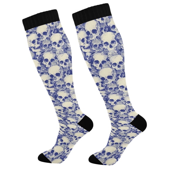 joogoo Blue Skulls Bones Socks Women Men Knee High Sock