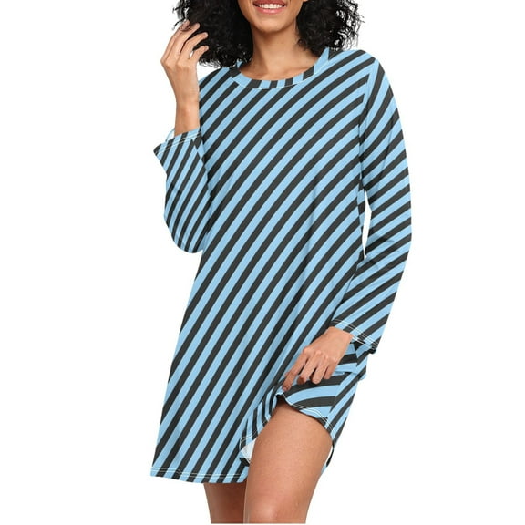 joogoo Blue Stripes Women's Long Sleeve Nightgown Sleepwear XXXL