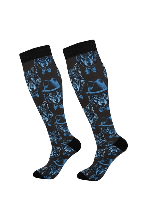 Blue Wolf with Hats Socks Women Men Knee High Sock