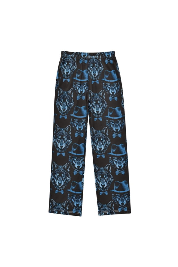 Blue Wolf with Hats Pajama Pants Pj Bottoms Sleepwear Lounge M