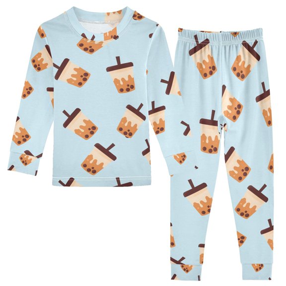 joogoo Boba Bubble Tea Blue 2 Piece Long Sleeve Tee and Pants Cotton Pajama Set 8Y