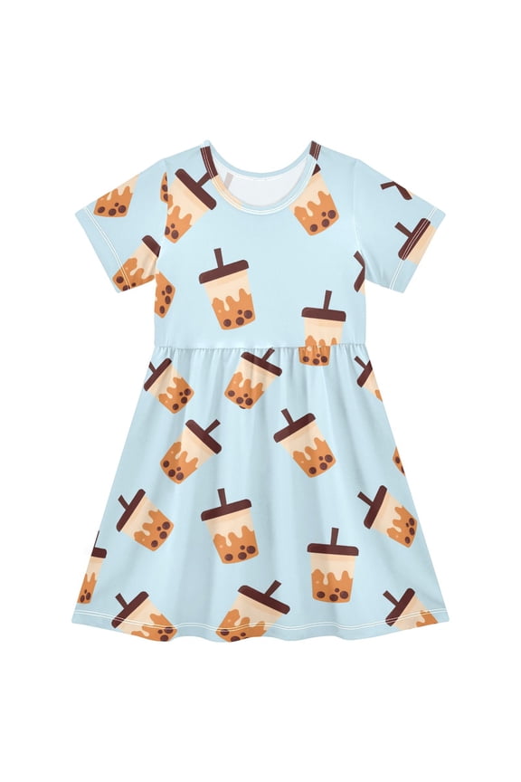 Boba Bubble Tea Blue Girls' Short Sleeve Dress Kids Dresses 5-6T